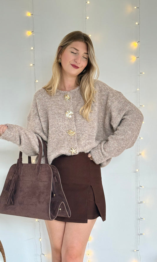 Pull taupe boutons dorés ALISON